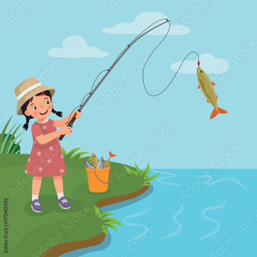 Cute little girl fishing at the river catching big fishes