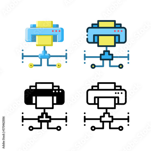 Printer sharing icon. With outline, glyph, filled outline and flat styles