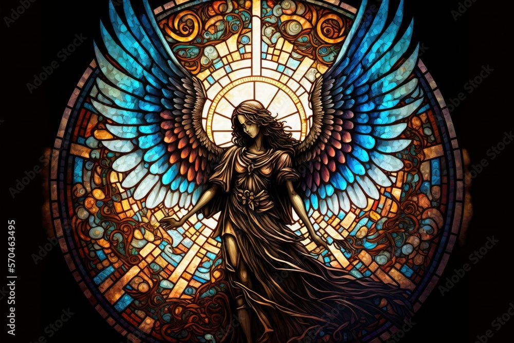 Stained-Glass Angel, AI Generated Image of A Leaded Glass Church Window Depicting an ArchAngel - obrazy, fototapety, plakaty 