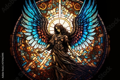 Photo Stained-Glass Angel, AI Generated Image of A Leaded Glass Church Window Depictin