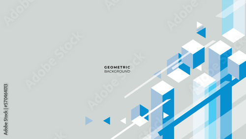 Abstract dark blue background with geometric shapes graphic. Modern blue geometric lines, cubes overlay layer movement design.