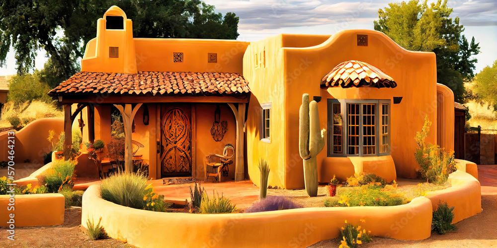 Southwestern style adobe house built with adobe clay and a mix of