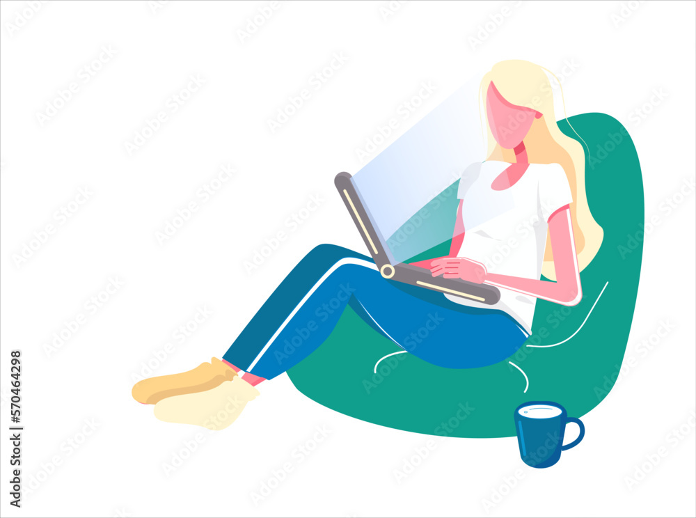 Attractive young woman working with laptop on bean bag chair. Relax with cup of tea and film. Vector Attractive young woman working with laptop on bean bag chair. Relax with cup of tea and film. Vector