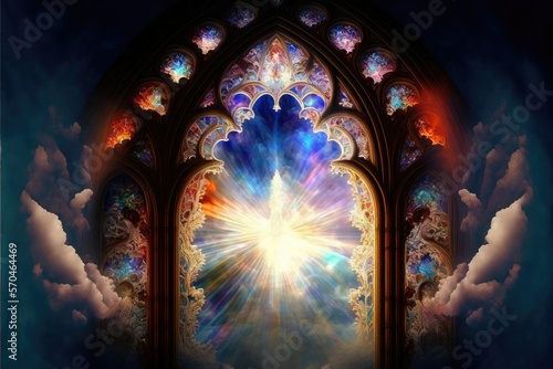 Stained Glass Cathedral Abstract Image, AI Fantasy Image of a Stained Glass Window and Angelic Symbolic Doves