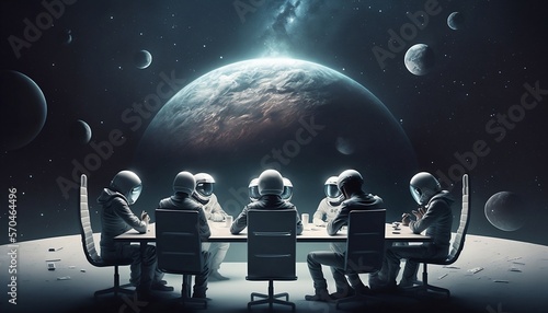 Astronauts conduction business meeting in outer space, concept art, AI Generated