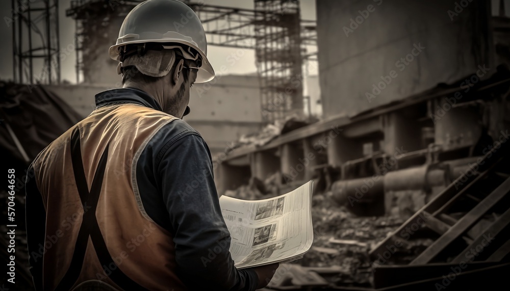 Construction worker reading over blueprints at job site, concept art, AI Generated