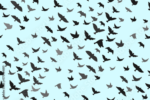 Flock of birds flying in sky seamless pattern. Flying bird silhouette shape boundless wallpaper. Modern trendy fowl sparrow  dove pigeon texture paper. Birds songbird repeat print scrapbook decoration