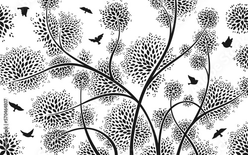 Flock of bird and tree branches silhouette pattern. Stylized shape flying birds wallpaper background. Decorative dove fowl tree twigs abstract decoration. Vintage monochrome nature drawing artwork