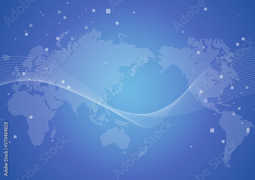 青の世界地図とウェーブ抽象背景