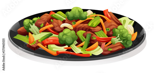 Beef and vegetables stir fry in black plate vector illustration