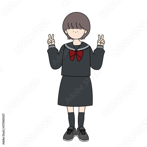 セーラー服のショートカットの女の子ダブルピース