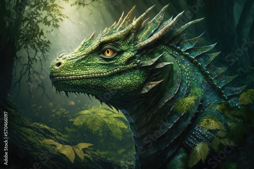 a green dragon in the green forest. Generative AI © jr-art
