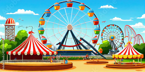 Canvas Print A festive carnival amusement park with ferris wheel and other entertaining rides