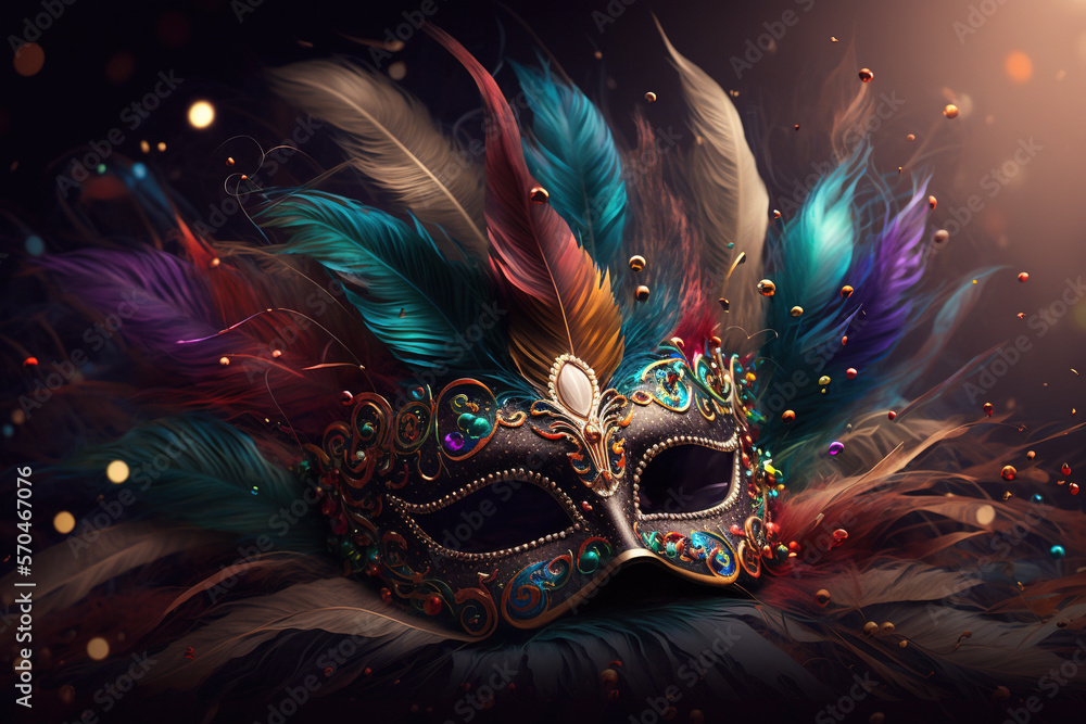 Carnival mask beaded and feathered mask with a blurred Confetti background. Generative AI