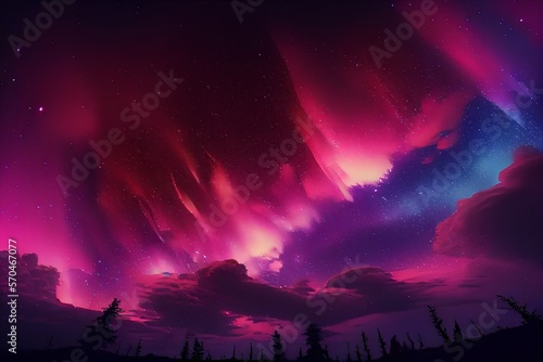 pink aurora borealis, morthern lights over ice and snow landscape
