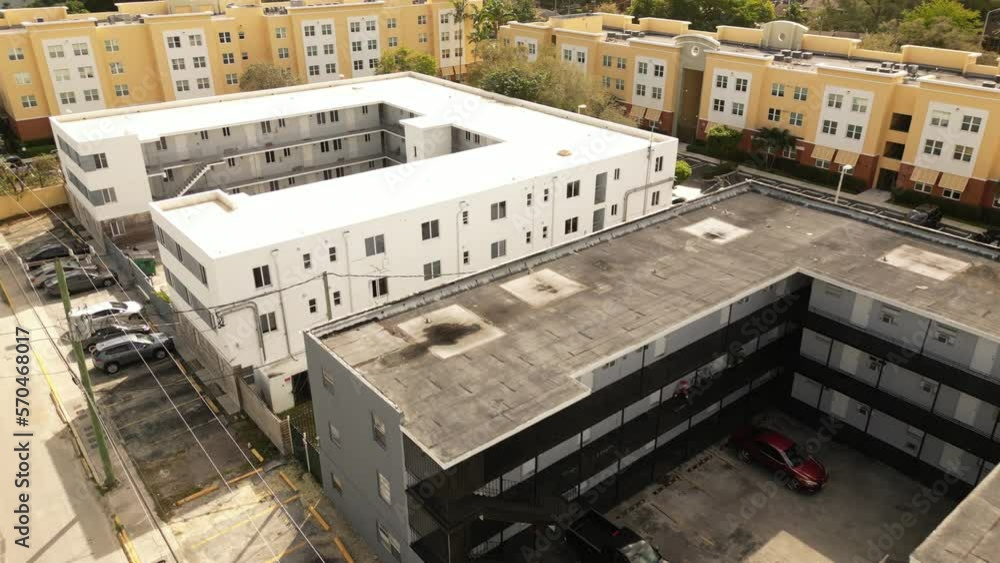 Apartment building Overtown Miami Florida USA. 4k aerial drone video