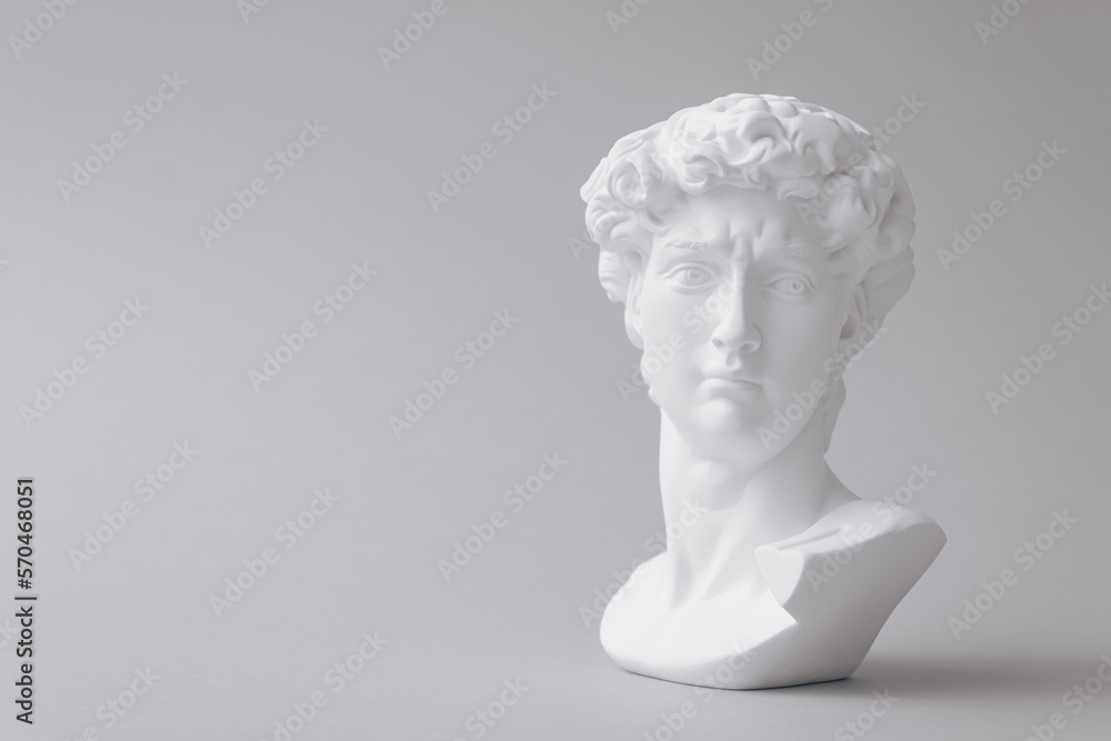 Gypsum statue of David's head. Michelangelo's David statue plaster copy