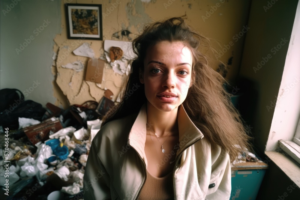 Serious woman looking at the camera posing inside what is left of her home after a disaster. Generative AI Serious woman looking at the camera posing inside what is left of her home after a disaster. Generative AI