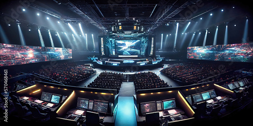 Modern futuristic esports arena - empty arena with no people ready for competitive gaming and big crowds. photo