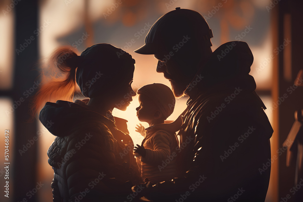 family silhouettes at a sunset, Generative AI