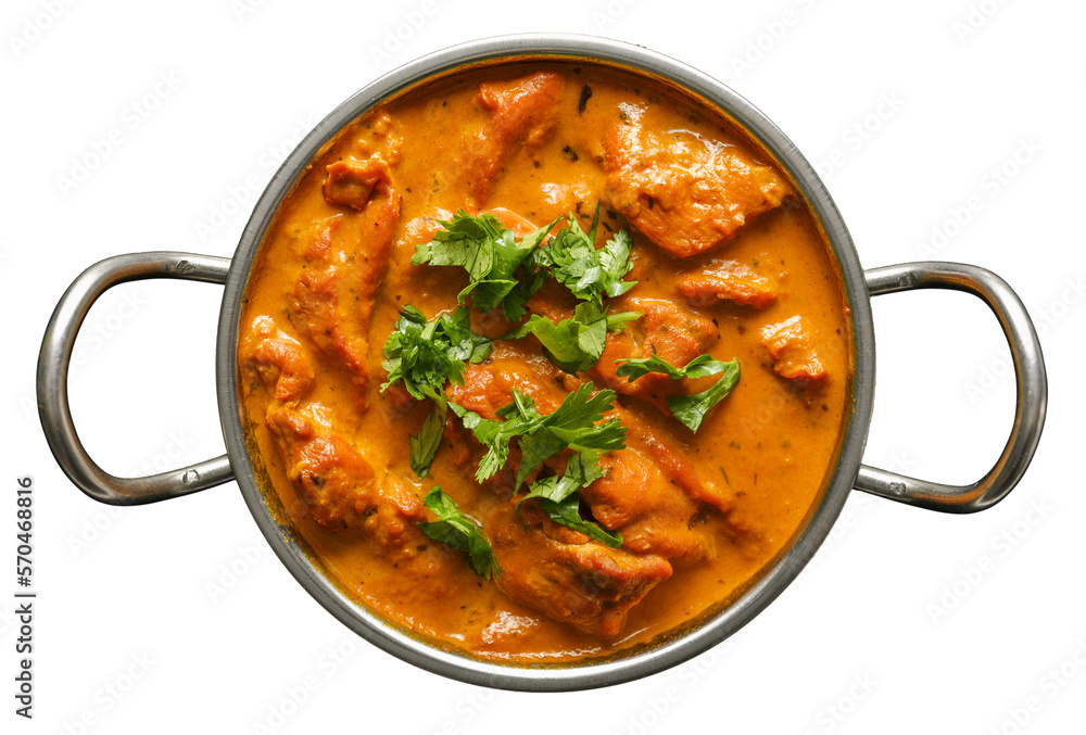 indian butter chicken curry in balti dish top down view and isolated with cilantro garnish - obrazy, fototapety, plakaty 