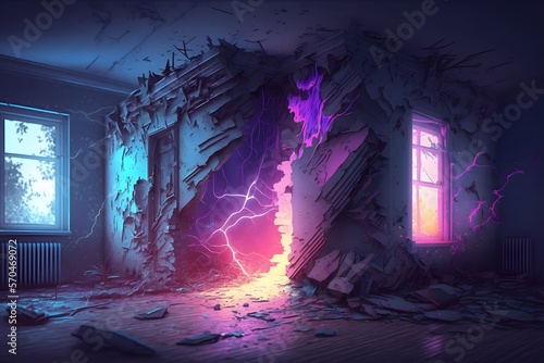 house destruction neon lighting  created using AI Generative Technology