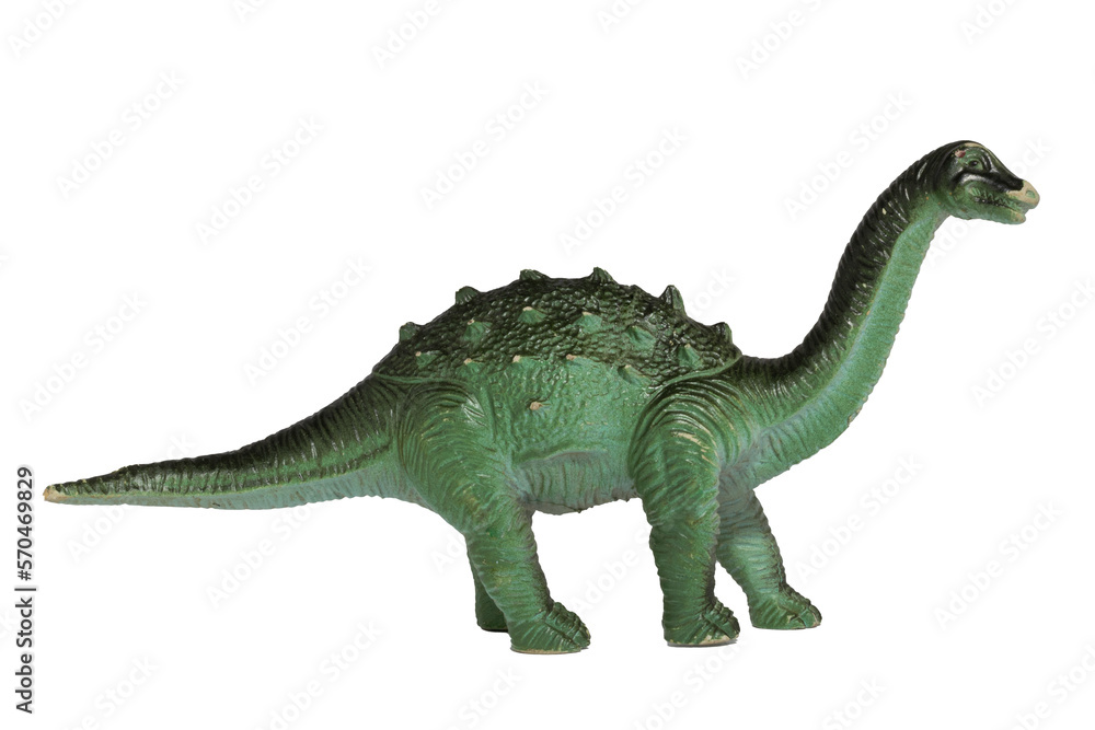 Naklejka premium A worn plastic Diplodocus dinosaur toy isolated on a white background.