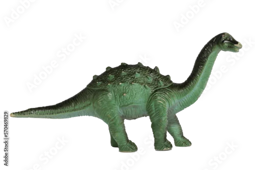 Fototapeta na wymiar A worn plastic Diplodocus dinosaur toy isolated on a white background.