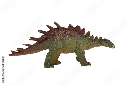 A worn plastic kentrosaurus isolated on a white background. Toy dinosaur.