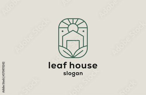 Leaf house logo in green color line art