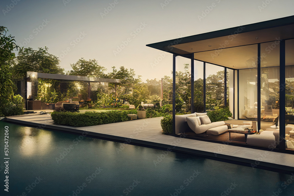 Luxurious Modern Residential Black Home Exterior with Outdoor Entertaining Space and Swimming Pool Made with Generative AI