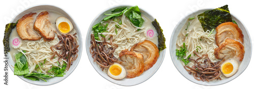 Japanse tonkotsu raman in 3 variations shot from top view and isolated photo