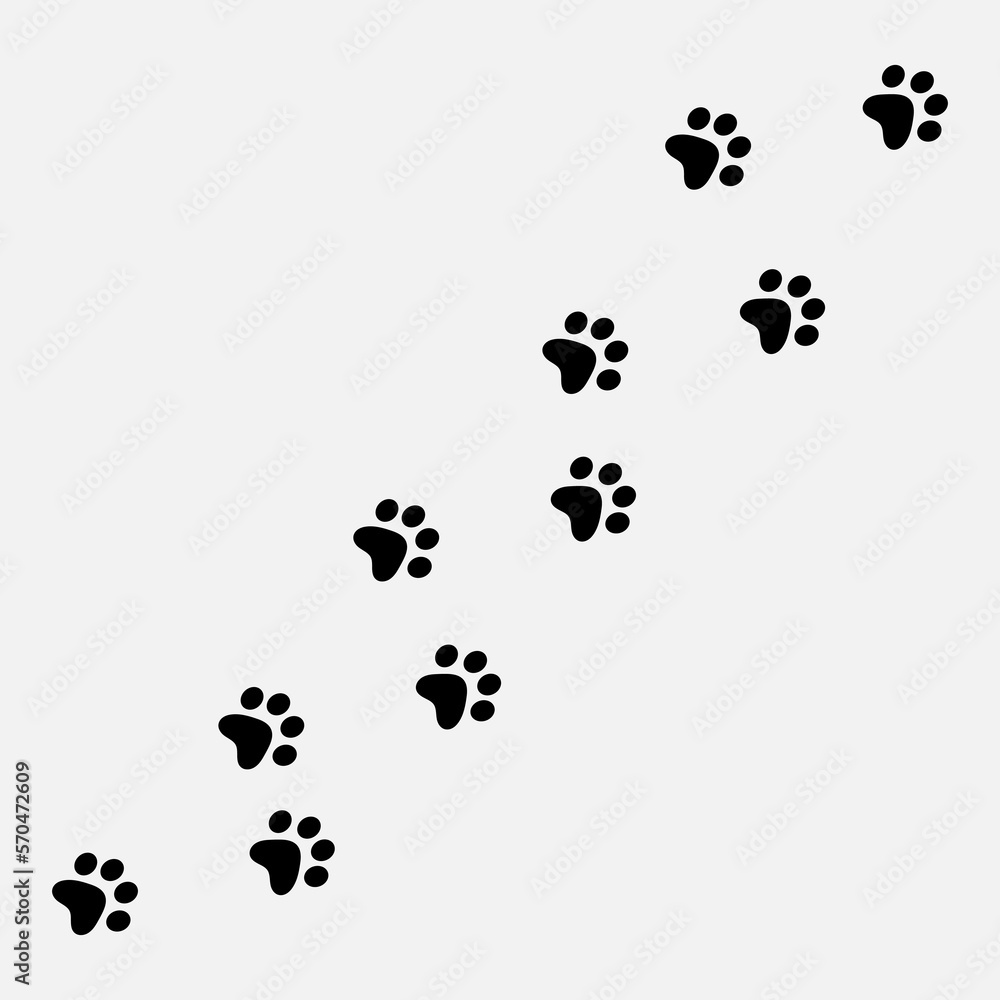 Paw vector foot trail print of cat. Dog, puppy silhouette animal diagonal tracks trendy style illustration on white background..eps Paw vector foot trail print of cat. Dog, puppy silhouette animal diagonal tracks trendy style illustration on white background..eps
