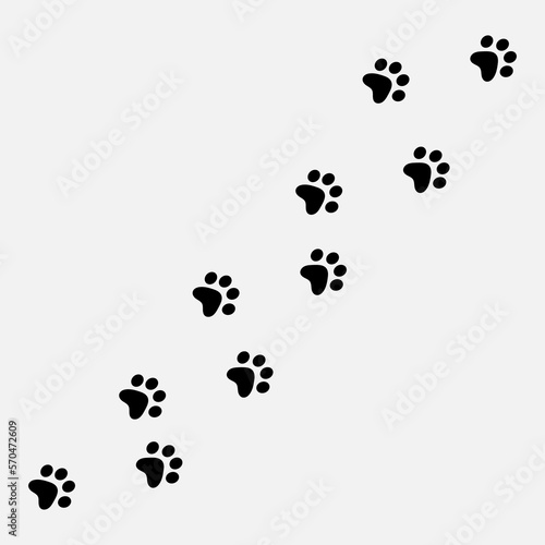 Paw vector foot trail print of cat. Dog  puppy silhouette animal diagonal tracks trendy style illustration on white background..eps