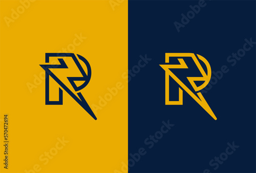 Electric Logo. letter R with thunder bolt combination isolated on double background, electric design logo template, vector illustration