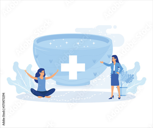 Healthcare illustration.Characters taking care about health and using aromatherapy and other alternative health care methods. Alternative and herbal medicine concept. flat vector modern illustration