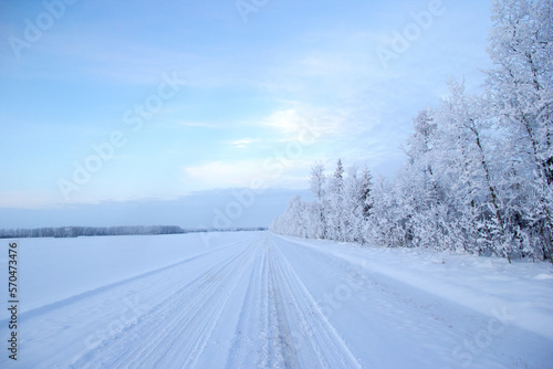 Country road between the field and the forest in snow in winter.