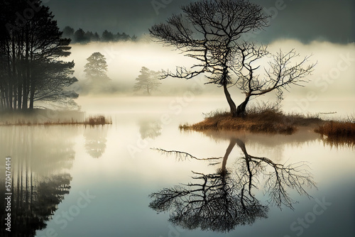 tree reflection , Morning mist on lake