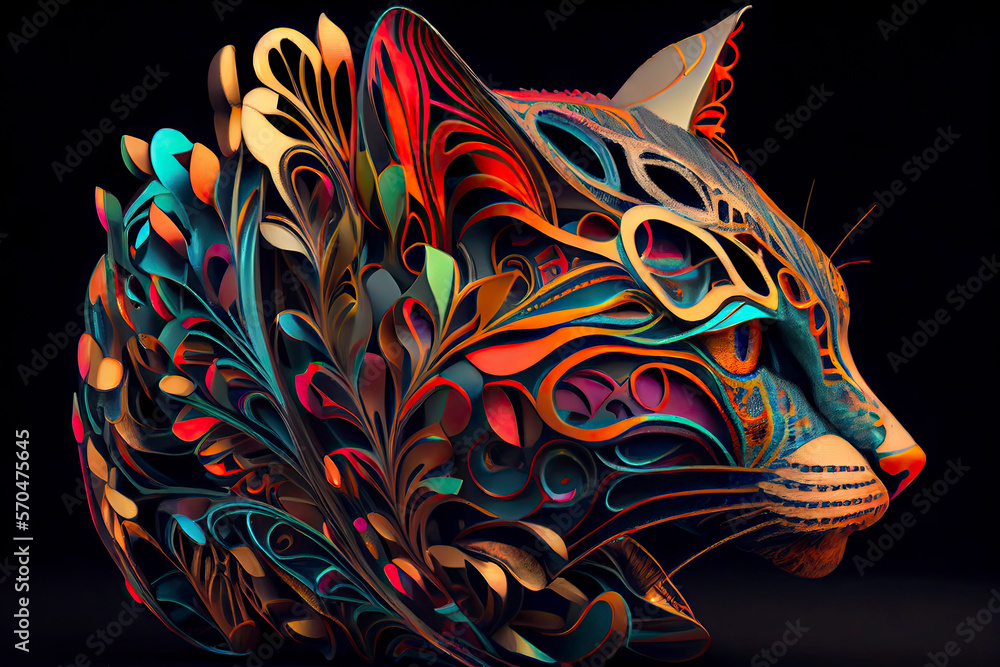 Fototapeta colorful cat pop art portrai, a colorful fish with black background