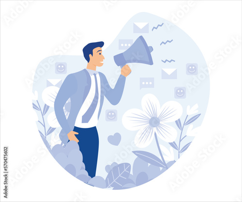 Man with megaphone - refer a friend  promotion  advertising  announcement concept illustration.flat vector modern illustration