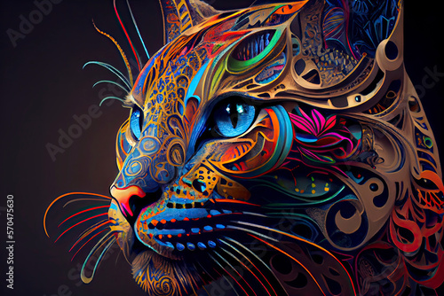 colorful cat pop art portrai, a colorful fish with black background