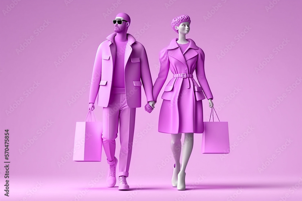 Ai generated illustration of 3D render of male and female characters walking carrying shopping bags