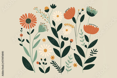 seamless floral pattern. set of flowers. flowers and leaves. florals decoration. Florals interior decoration. florals home deco. floral illustration card design. generative ai