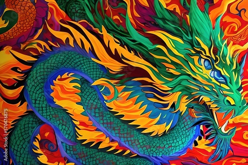 Dragon, Loong, Èæç, the head of a chinese dragon in a multi-colored flame. Abstract multicolored profile portrait of a dragon head on a colorful background, front portrait of a chinese dragon.