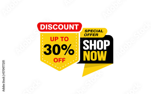 30 Percent SHOP NOW offer, clearance, promotion banner layout with sticker style. 