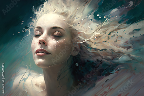 A beautiful woman with long hair artistic painting of her experiencing bliss, content and a dreamlike state, meditation under the water, amazing feeling, happiness and euphoria, portrait close up photo