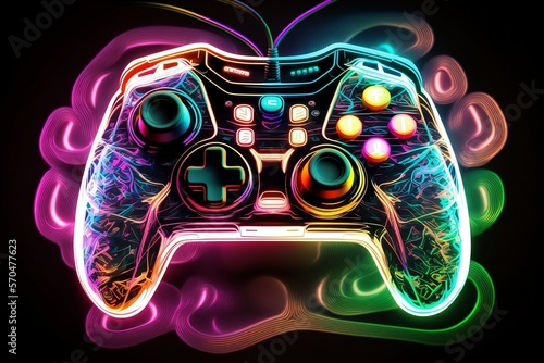 Obraz na płótnie neon video game controller blurred background, generative AI, gamepad, joystick, controller, console, buttons