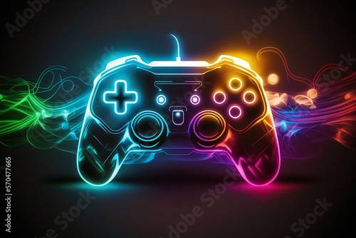 neon video game controller blurred background, generative AI, gamepad, joystick, controller, console, buttons