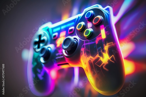 neon video game controller blurred background, generative AI, gamepad, joystick, controller, console, buttons