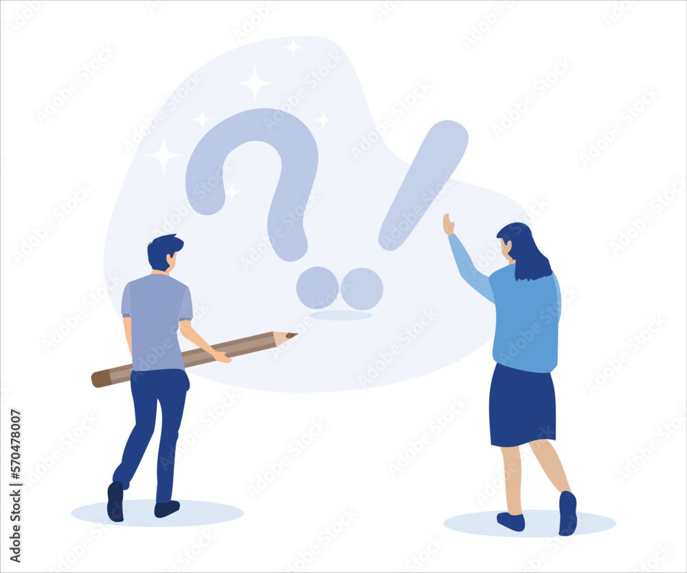 People characters standing near exclamation and question marks. Woman and man ask questions and receive answers. Frequently asked questions concept.flat vector modern illustration People characters standing near exclamation and question marks. Woman and man ask questions and receive answers. Frequently asked questions concept.flat vector modern illustration